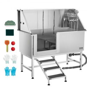 62 Inch Dog Grooming Bath Tub Stainless Steel w Stairs Water Filter Left