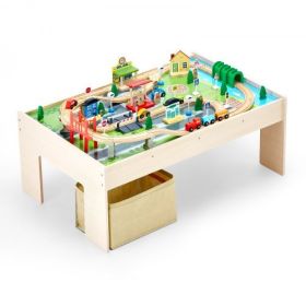 Train Table 84 Pieces Wooden Kids Activity Table with Collapsible Storage Bin