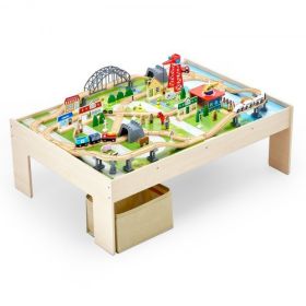 Train Table 120 Pieces Wooden Kids Activity Table with Collapsible Storage Bin