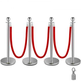 VEVOR 38 Inch Stanchion Posts Queue, Red Velvet Rope (3, Silver)