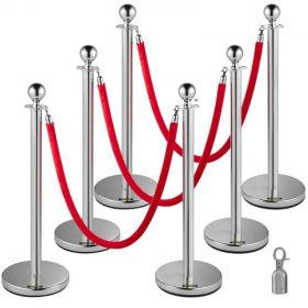 VEVOR 6 PCS Silver Stanchions Posts Stainless Steel Stanchion Queue Post Red Rope Retractable 38In for Both Indoor and Outdoor use.