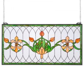 Stained Glass Tiffany Style Hanging Window Panel with Chain 32 x 17 Inches