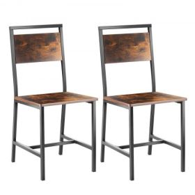 Set of 2 Wooden Dining Chairs Farmhouse Kitchen Chair Metal Frame Backrest Brown