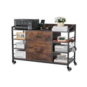 2 Drawers Metal File Cabinet with 6 Open Shelves and Power Strip Brown