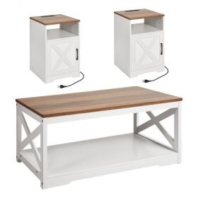 3 Piece Farmhouse Coffee Table Set 40 in with 2 End Table for Living Room