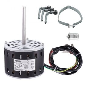 VEVOR 1/3HP Furnace Blower Motor, 110/120V 4.4Amps, 1075RPM 4 Speeds, CW/CCW Rotation, 48 Frame 5.2" Shaft Length, 5μF/370V Capacitor + 11" Hold Hoop
