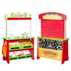 VEVOR Wooden Puppet Theater 2-in-1 Reversible Play Store Kids Play Market Stand