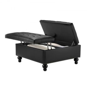 34-37 in Square Leather Ottoman with Storage Coffee Table for Living Room Black