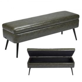 PU Leather Storage Ottoman Bench Shoe Seat with Storage & Metal Legs Green