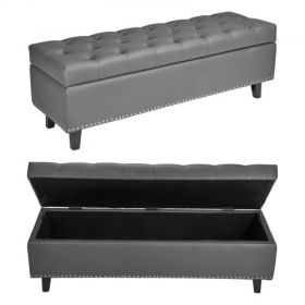 Button-Tufted Storage Ottoman Bench PU Leather Bench with Wood Legs Gray