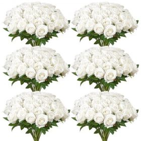 120 Pcs White Roses Artificial Flowers Realistic Bouquet for Xmas Home Decor