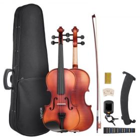 Violin 4/4 Size Fiddle Set Solidwood for Beginners Matte Brown Patterned