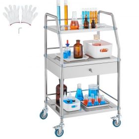 VEVOR Service Cart, 3 Layers Stainless Steel Utility Rolling Cart with Drawer, Lockable Wheels, Ideal for Laboratory, Hospital, Dental Use