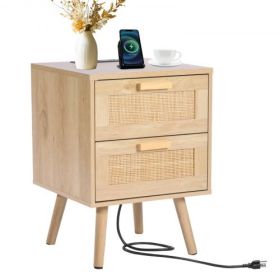 Vevor Rattan Nightstand End Table, Side Table with 2 Hand Made Rattan Decorated Drawers, Wood Accent Table with Storage for Bedroom, Natural