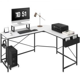 VEVOR L Shaped Computer Desk, 59'' Corner Desk with Storage Bag, Monitor Riser and CPU Stand, Work Desk Gaming Desk for Home Office Workstation, White