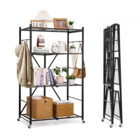 VEVOR Folding Storage Shelf with Wheels 4-Tier No Assembly Organizer Shelf Black