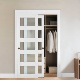 VEVOR Sliding Closet Door 48"(Double 25") x 80" 5-Lite Frosted Glass Bypass Door