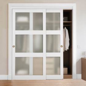 VEVOR Sliding Closet Door 72"(Double 37") x 80" 3-Lite Frosted Glass Bypass Door