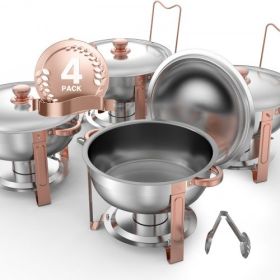 5 Qt 4 Pack Round Chafing Dish Buffet Set Fullsize Pan Stainless Steel Rose Gold
