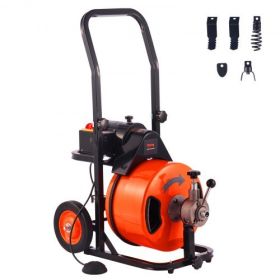 VEVOR Drain Cleaner Machine 100 FT x 1/2 Inch, Sewer Auger Auto Feed with 4 Cutter & Air-activated Foot Switch for 1" to 4" Pipes, Orange, Black