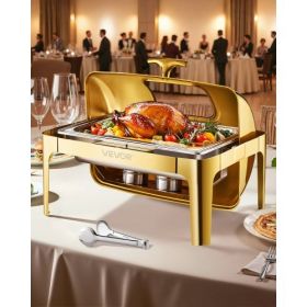 9Qt Rectangle Roll Top Chafing Dish Set with Full-Size Pan Stainless Steel Gold
