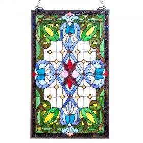 Stained Glass Tiffany Style Hanging Window Panel with Chain 17 x 29 Inches