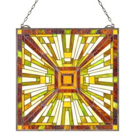 Stained Glass Tiffany Style Hanging Window Panel with Chain 20 x 21 Inches